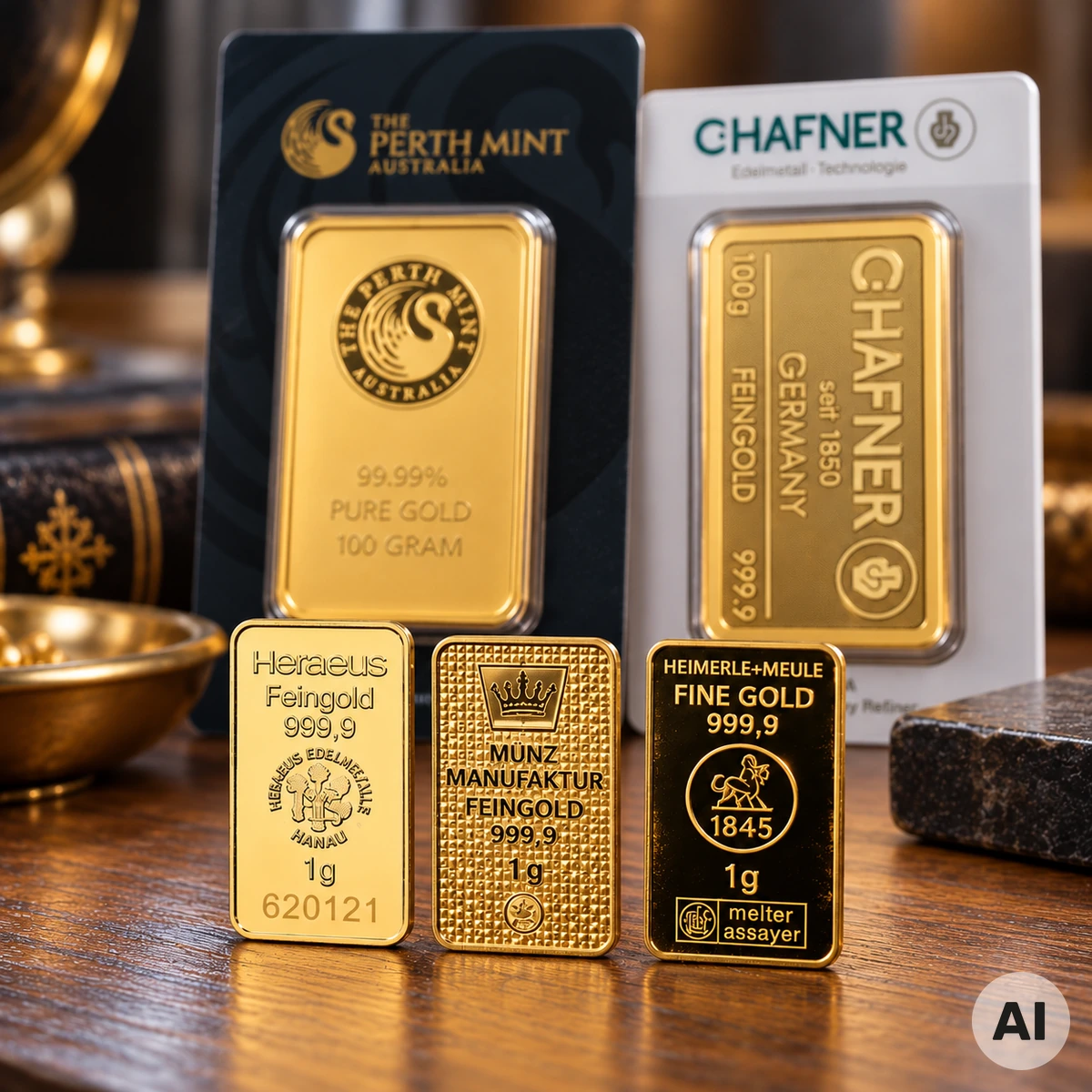 Kleine Goldbarren mit einem, fünf und zehn Gramm neben einem größeren Goldbarren als Größenvergleich