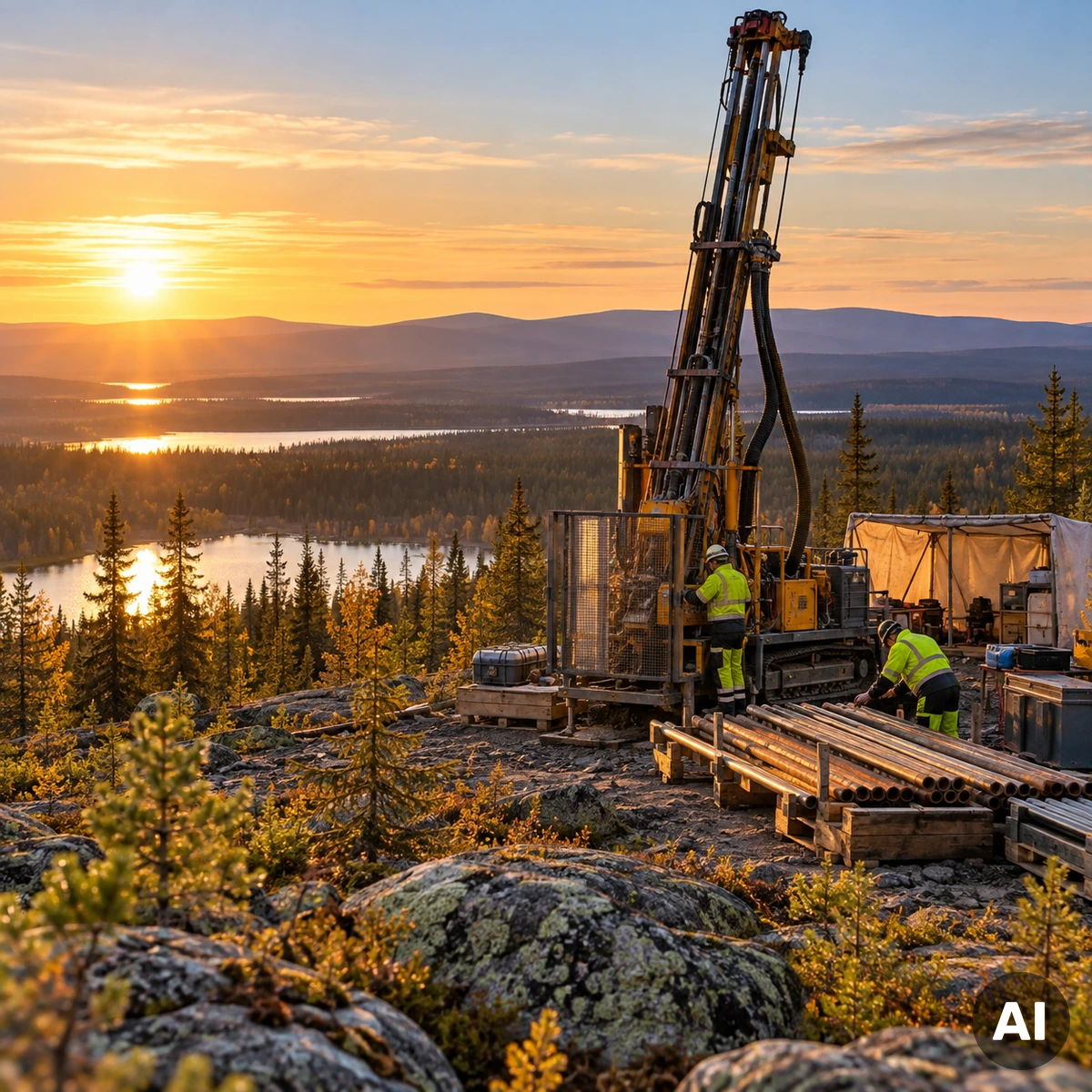 Goldexploration im finnischen Lappland mit Bohrgerät auf einem abgelegenen Gelände im borealen Nadelwald