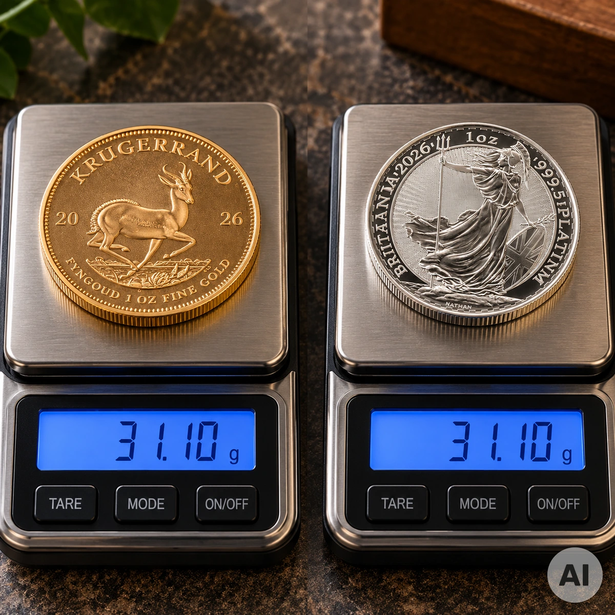Platinbarren und Goldbarren nebeneinander als anschaulicher Vergleich der unterschiedlichen Edelmetalldichte