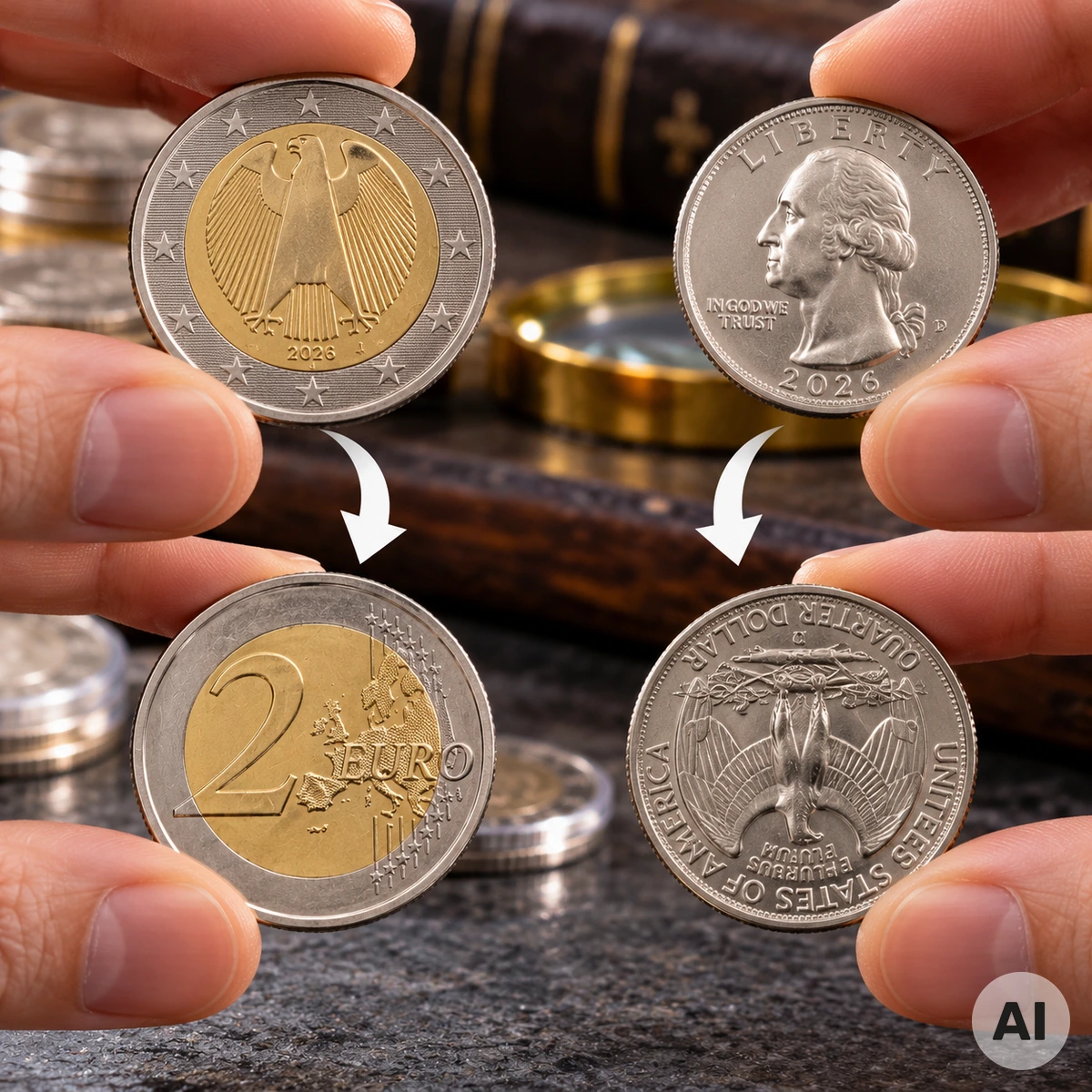 Euro- und US-Münzen im Vergleich ihrer Münzorientierung und Kehrprägung