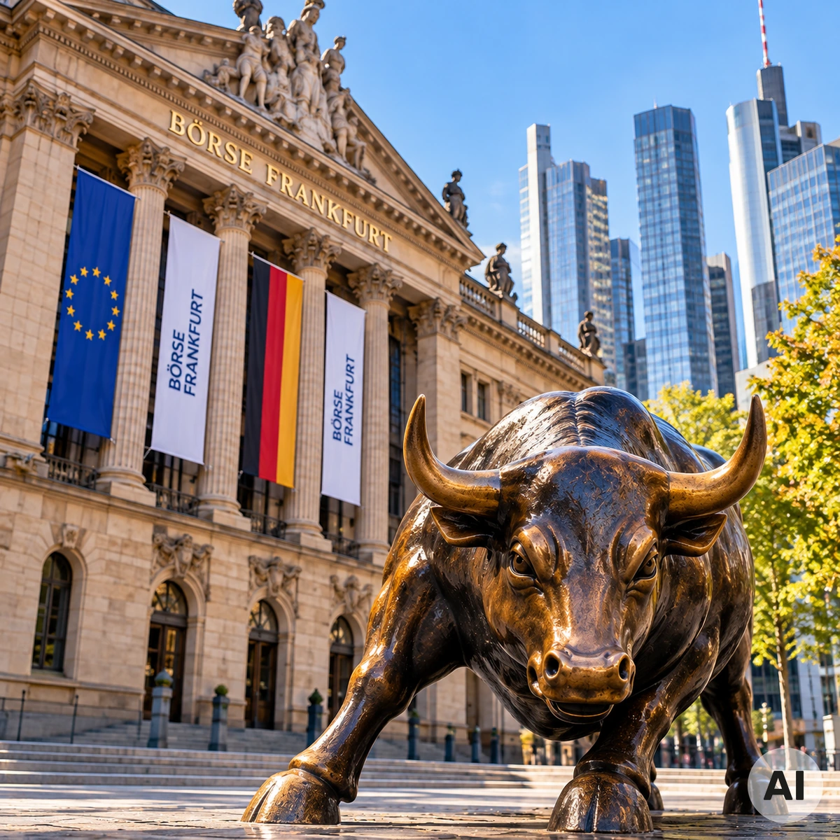 Bulle und Bär vor der Frankfurter Börse als Symbol für die Entwicklung des DAX und der Aktienmärkte