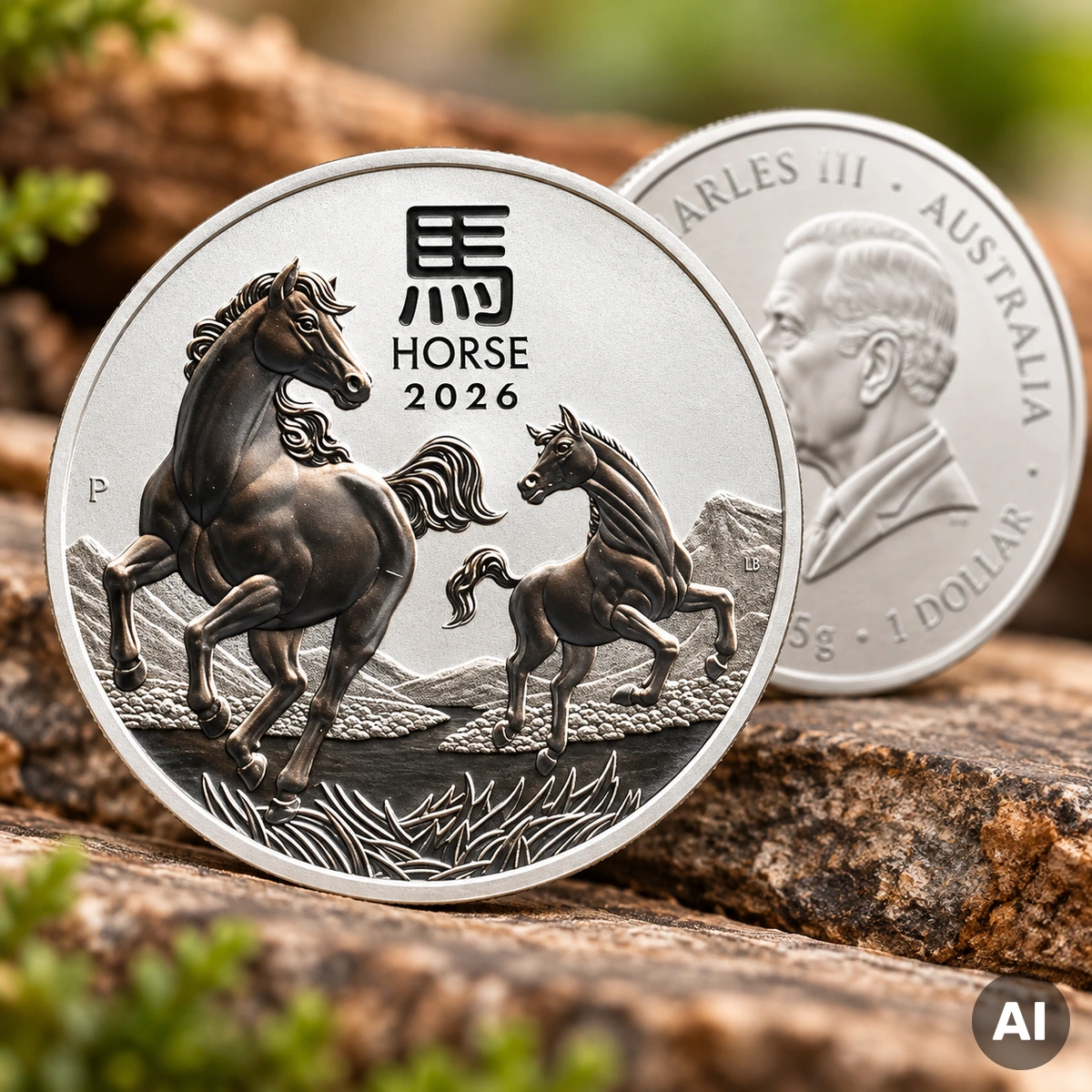 Australische Lunar III Silbermünze Pferd 2026 mit Pferdemotiv der Perth Mint aus einer Feinunze Silber