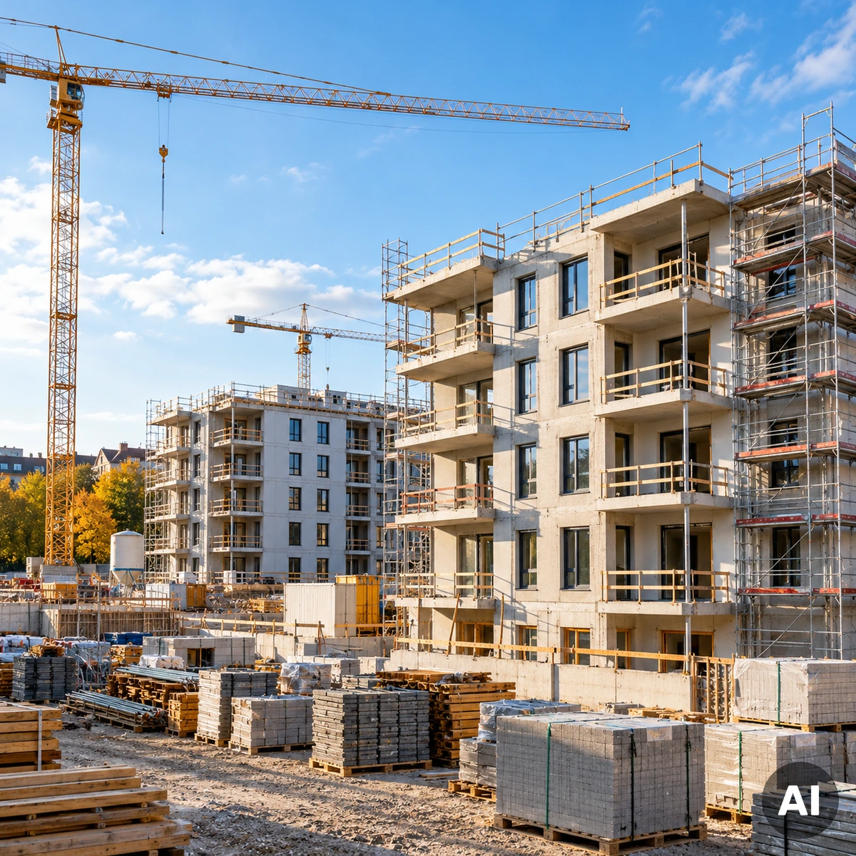 Wohnungsbau Deutschland 2026 – steigende Baugenehmigungen Wohnungsneubau in Deutschland mit mehreren Mehrfamilienhäusern im Bau als Symbol für steigende Baugenehmigungen 2026