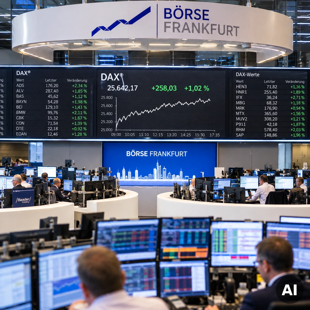 Frankfurter Börse mit Bullenstatue als Symbol für die Erholung des DAX und der internationalen Aktienmärkte