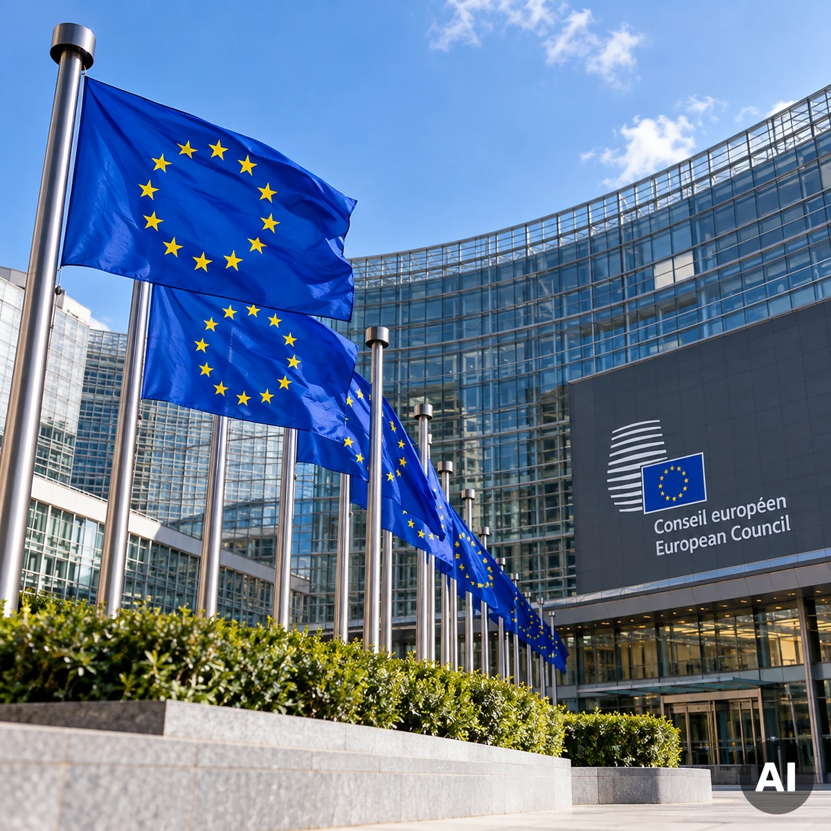 Europäische Flaggen vor dem EU-Ratsgebäude in Brüssel als Symbol für die Beratungen über Europas Zukunft