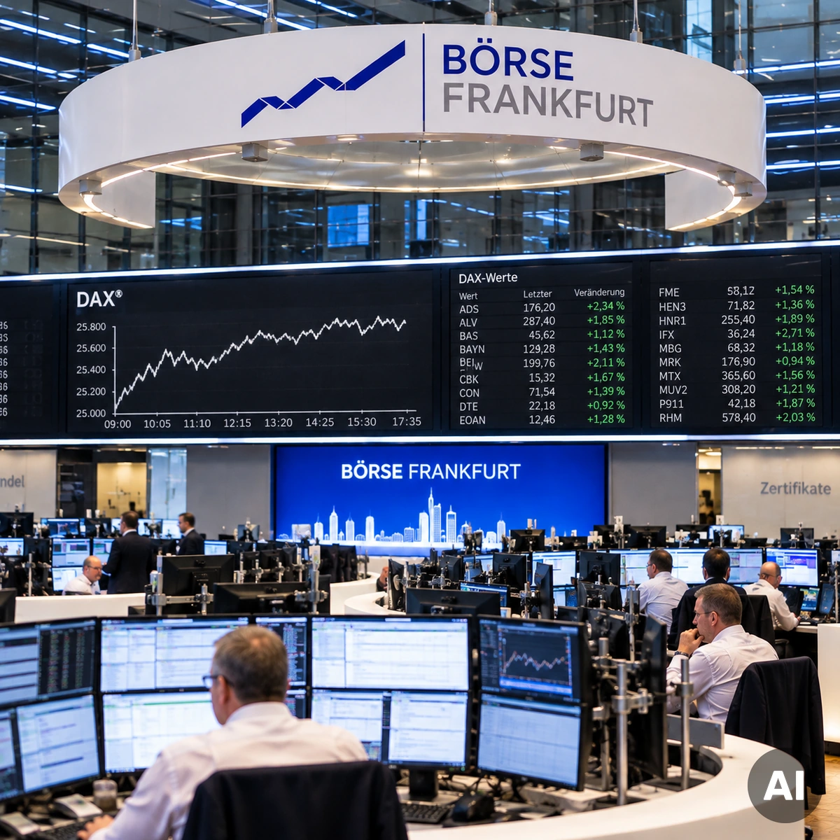 Innenansicht des Börsenhandels mit Handelstischen und Bildschirmen als Symbol für DAX, Wall Street und internationale Aktienmärkte