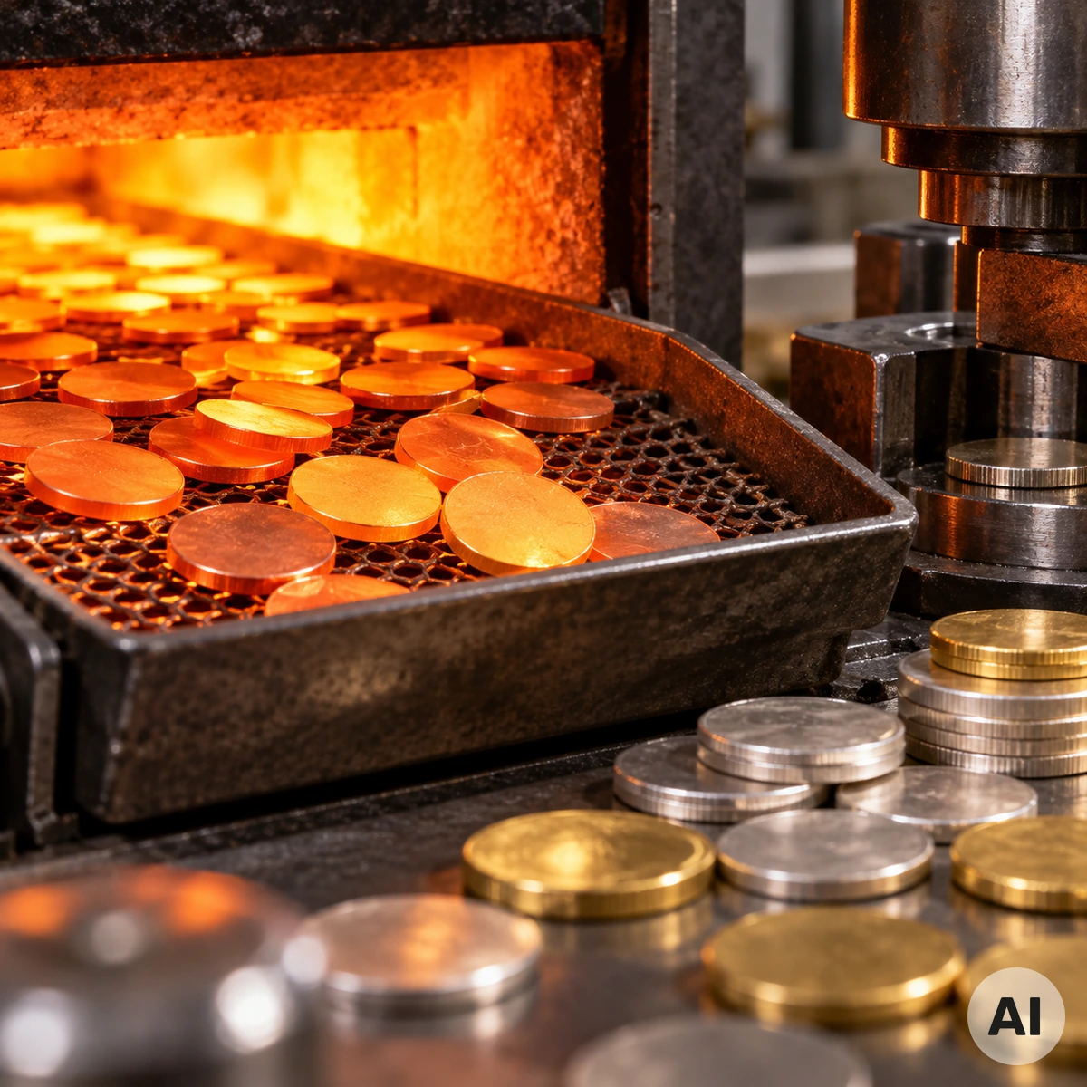 Ungeprägte Metallrohlinge aus Silber und Gold vor der Wärmebehandlung in der Münzherstellung
