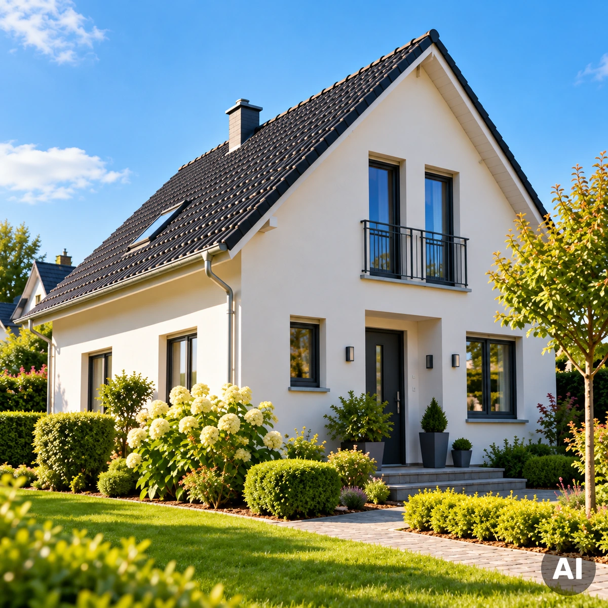 Eigenheim mit Garten – Spekulationsfrist bei Immobilien bleibt bestehen Modernes Einfamilienhaus mit gepflegtem Garten und heller Fassade als Symbol für privates Wohneigentum und die Spekulationsfrist