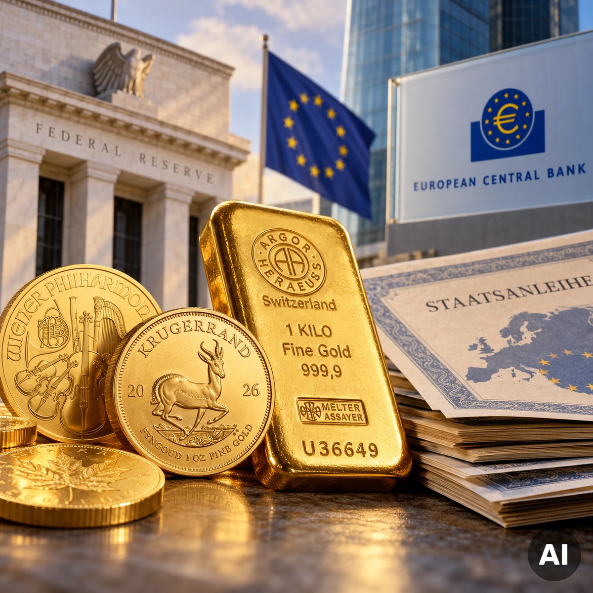 Goldbarren und Goldmünzen neben europäischen Staatsanleihen als Symbol für steigende Zinsen und wirtschaftliche Unsicherheit