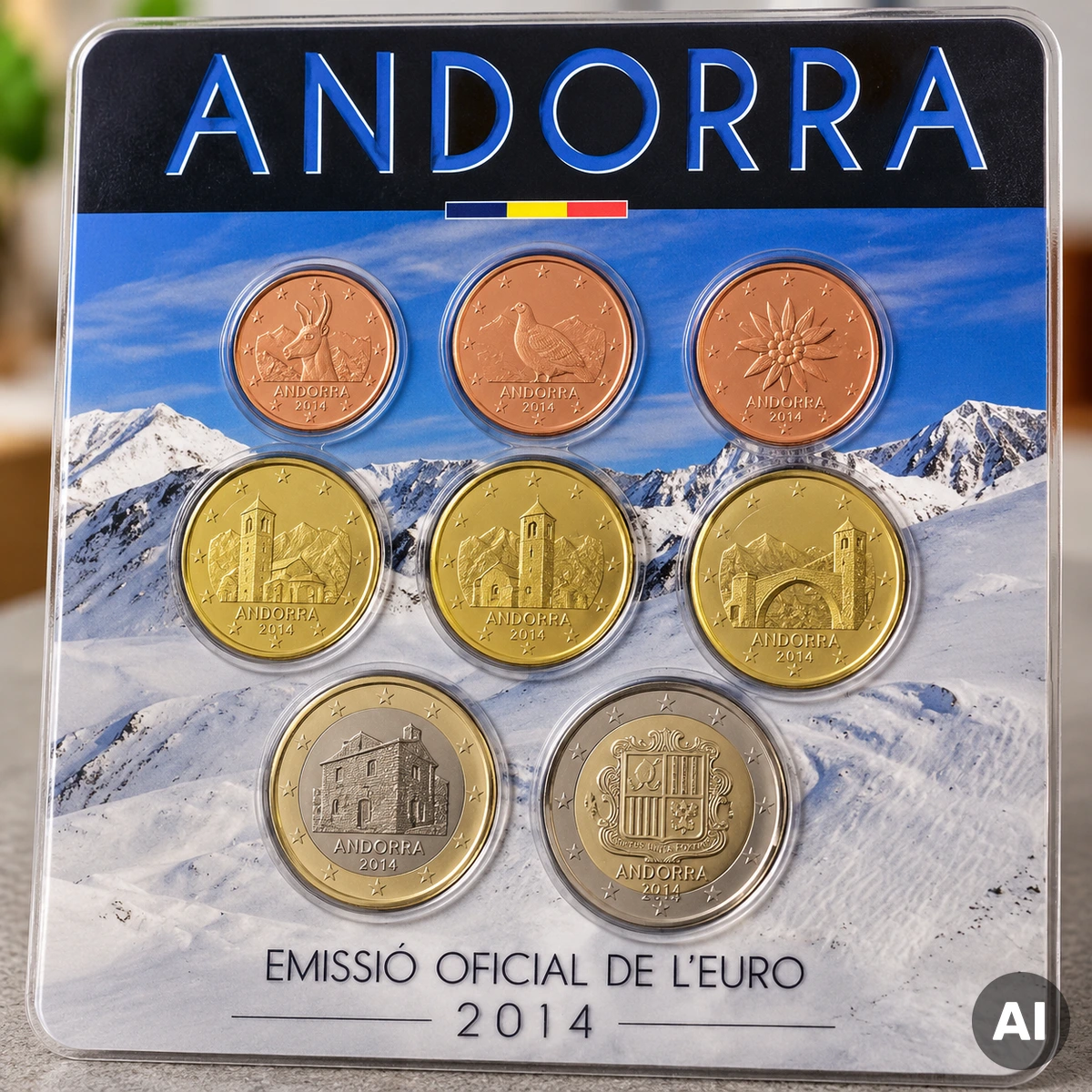 Andorra 2014 – erster offizieller Euro-Kursmünzensatz mit 3,88 Euro im Blister Offizieller Kursmünzensatz Andorra 2014 mit acht Euro-Münzen im Blister und einem Gesamtnennwert von 3,88 Euro