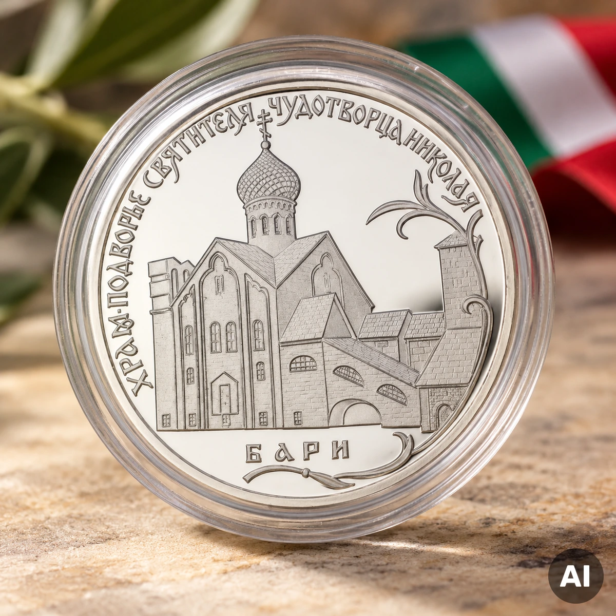 2 Rubel Silbermünze 2011 Russisch-Italienische Freundschaft in Polierter Platte mit der Nikolauskirche in Bari