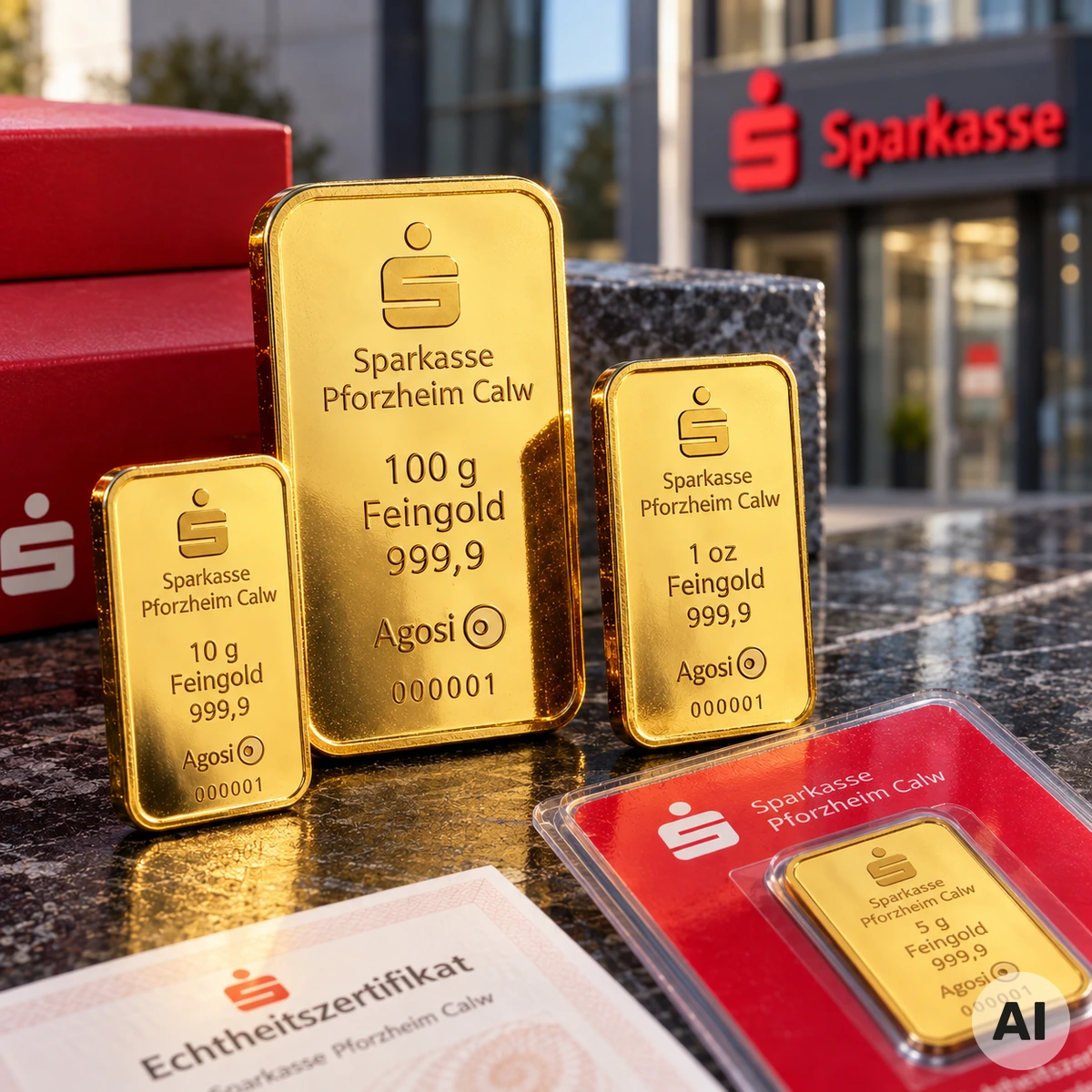 Goldbarren der Sparkasse Pforzheim Calw als Private-Label-Produkte mit Sparkassenlogo und Agosi-Herstellerkennzeichnung