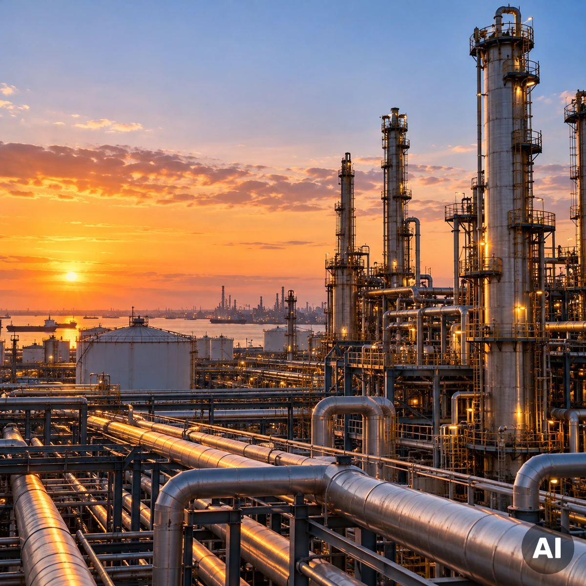 Industrielle Rohrleitungen und Destillationskolonnen einer petrochemischen Raffinerie zur Verarbeitung von Erdöl