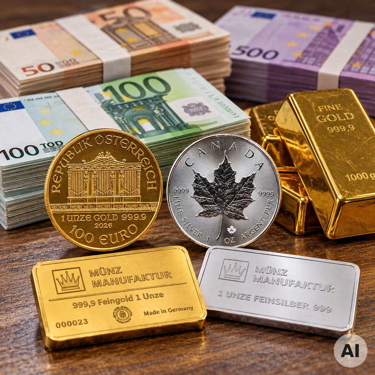 Euro-Banknoten und Goldbarren als Symbol für die neue EU-Bargeldobergrenze bei gewerblichen Edelmetallkäufen ab 2027