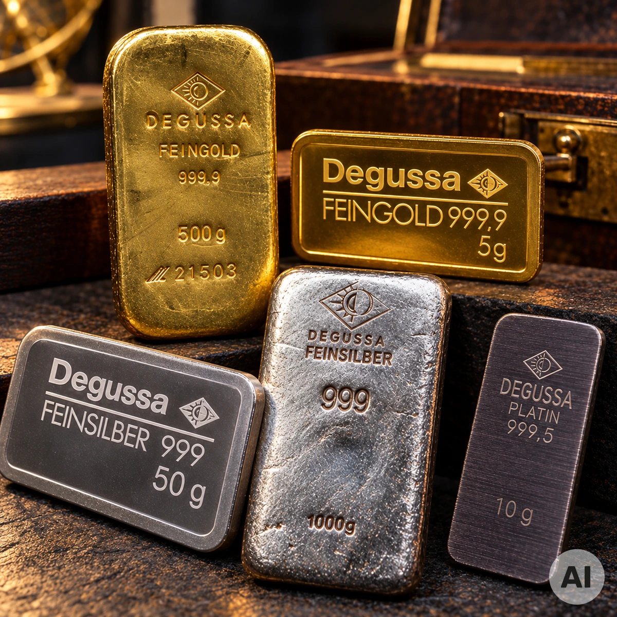 Historische Degussa Gold-, Silber- und Platinbarren mit unterschiedlichen Gewichten und dem traditionellen Sonne-Mond-Logo