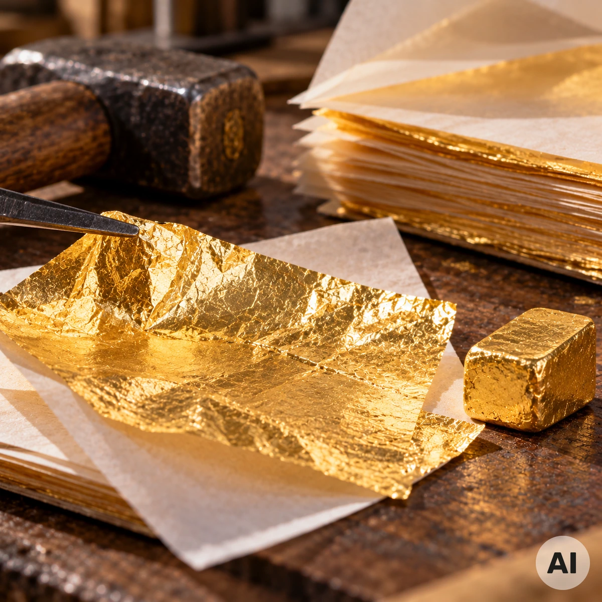 Hauchdünnes Blattgold neben einem massiven Goldstück auf der Werkbank eines Goldschlägers