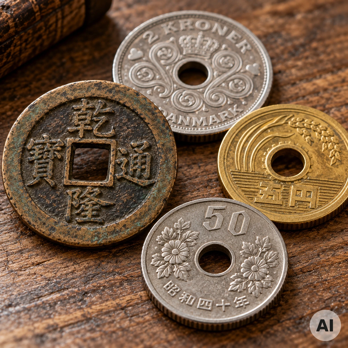 Historische und moderne Lochmünzen aus China, Japan und Dänemark Historische chinesische Lochmünzen mit quadratischen Öffnungen neben modernen japanischen und dänischen Münzen mit rundem Mittelloch