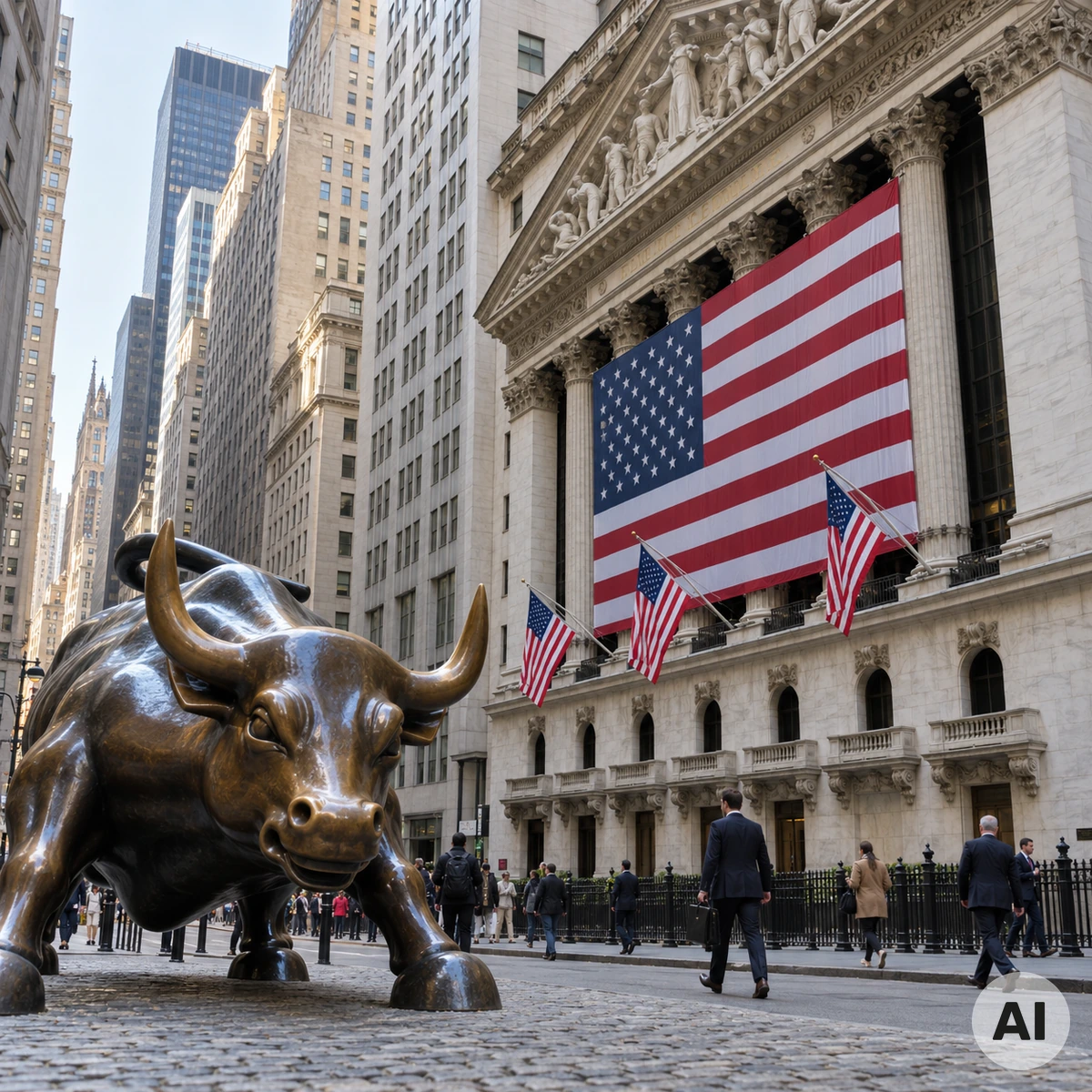 Wall Street in New York mit dem Gebäude der New Yorker Börse und dem bronzenen Börsenbullen als Symbol internationaler Aktienmärkte