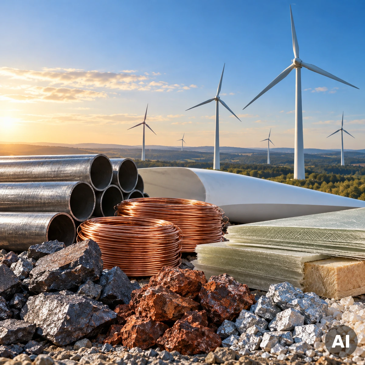 Windkraftanlagen als Symbol für den Bedarf an Stahl, Kupfer und kritischen Rohstoffen in der Windenergie