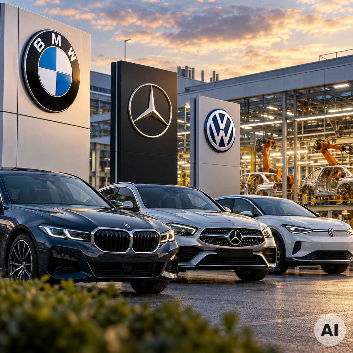 Moderne Automobilproduktion als Symbol für den Strukturwandel bei BMW, Mercedes-Benz und Volkswagen