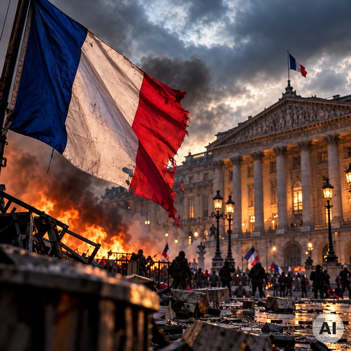 Frankreich zwischen Massenprotesten, Haushaltskrise und politischer Unsicherheit Französische Nationalflagge vor dem Hintergrund eines Pariser Regierungsgebäudes als Symbol der politischen und gesellschaftlichen Krise in Frankreich