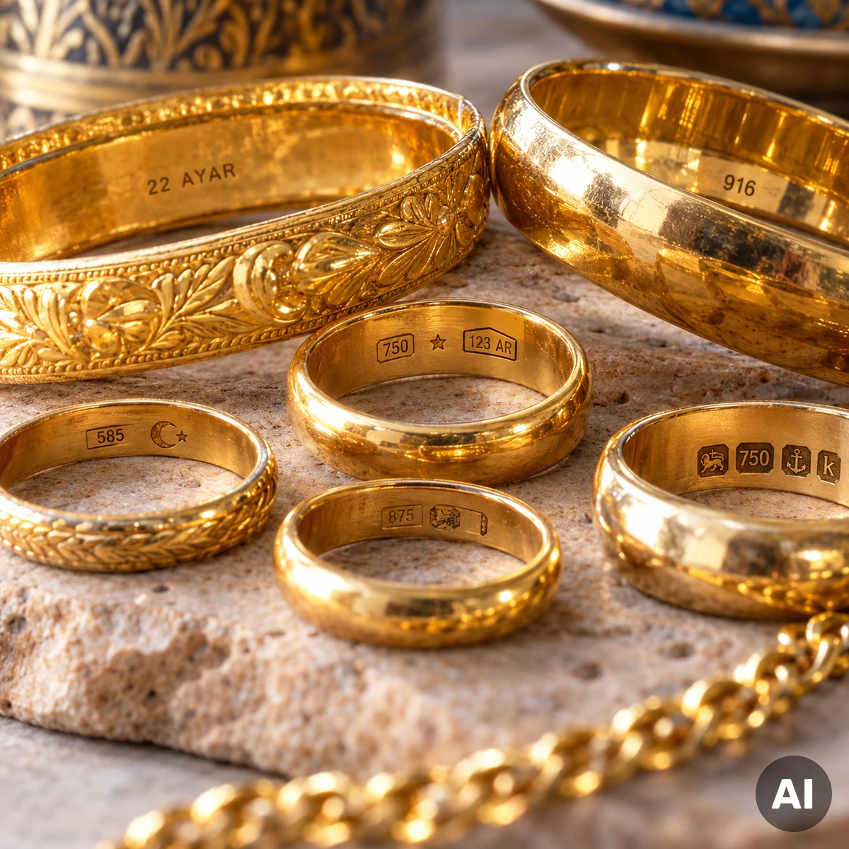 Goldschmuck aus verschiedenen Ländern mit unterschiedlich geprägten Feingehaltsstempeln auf Ringen und Armreifen
