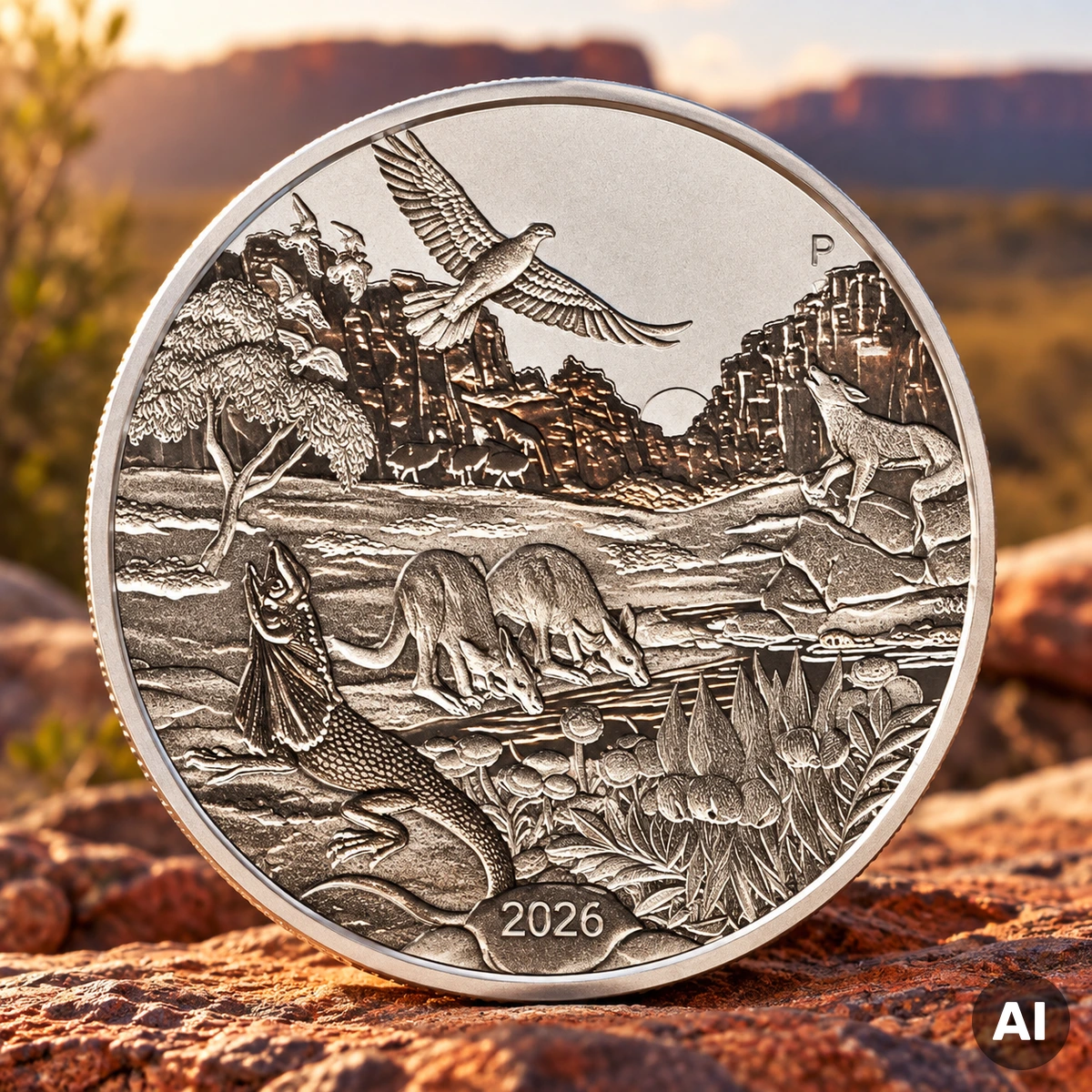 Wonders of Australia The Outback 2026 Platinmünze mit Dingo, Kängurus, Krokodil, Emus und australischen Greifvögeln