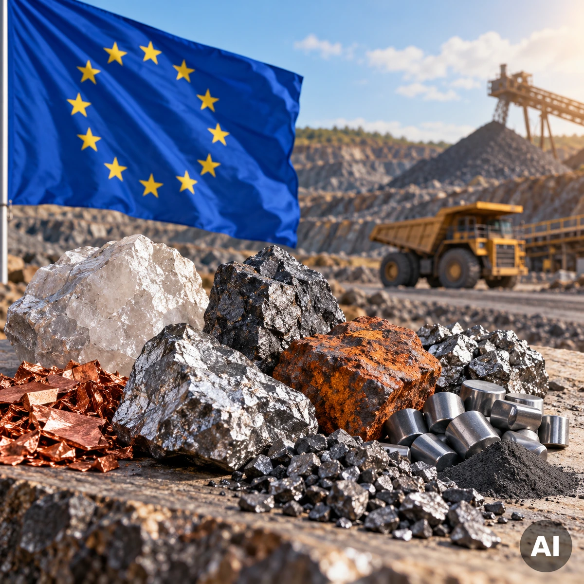 Rohstoffprojekte in Europa mit metallischen Erzen und aufbereiteten Industriemineralien als Symbol für die europäische Rohstoffoffensive