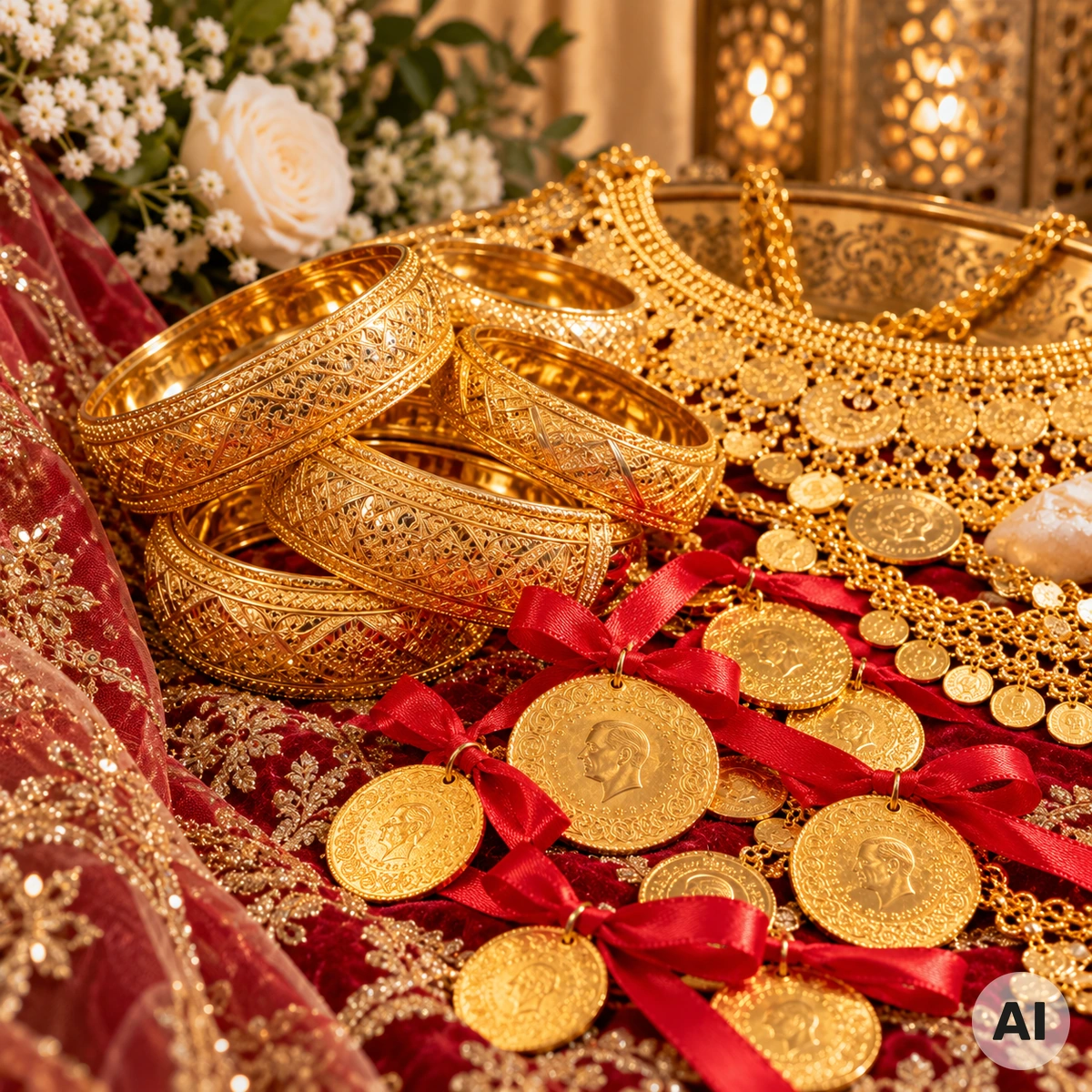 Traditioneller goldener Brautschmuck mit Armreifen und Goldmünzen als Hochzeitsgeschenke auf einem festlich gedeckten Tisch