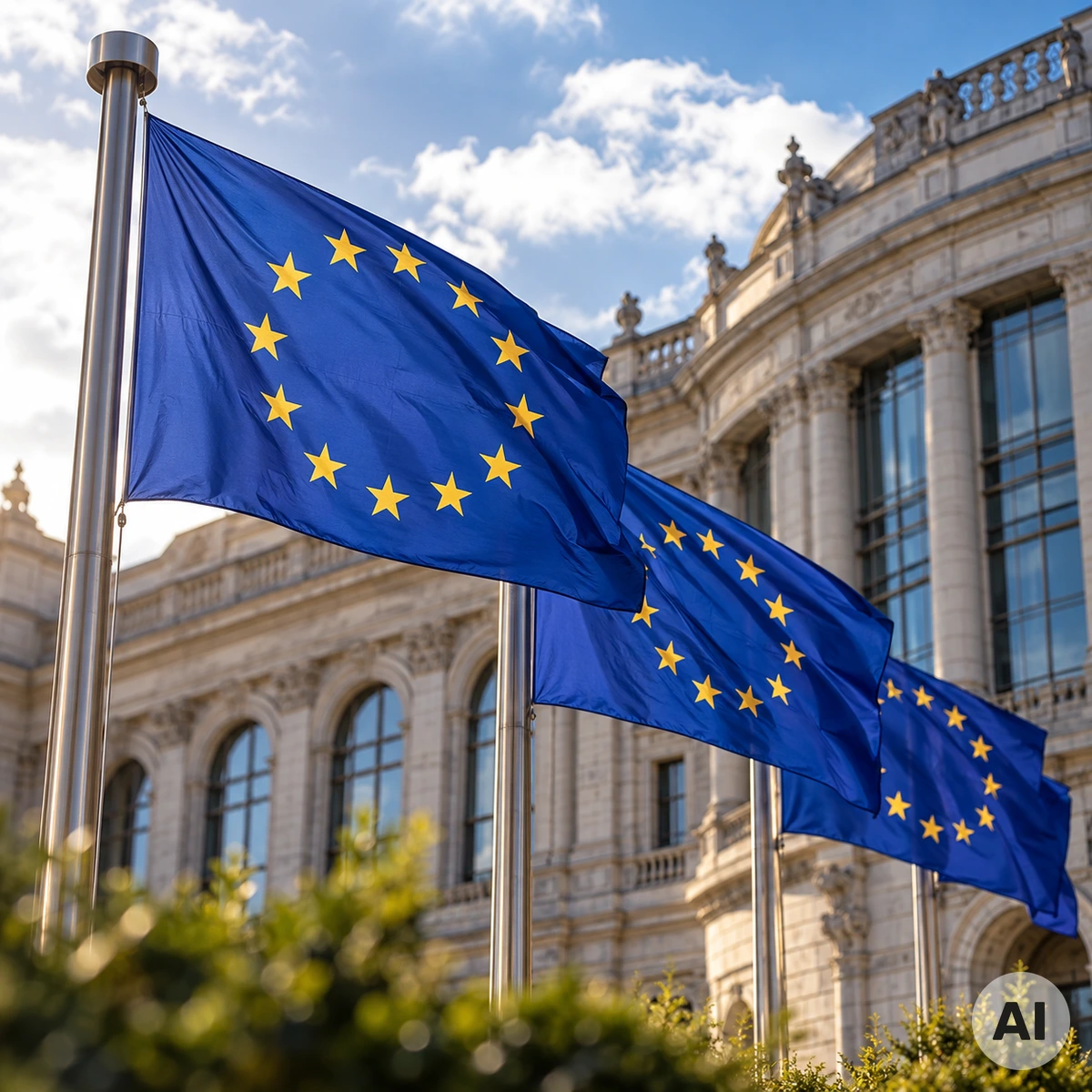 Europäische Flaggen vor einem Regierungsgebäude als Symbol für die politische Debatte über Energiepreise und Lebenshaltungskosten