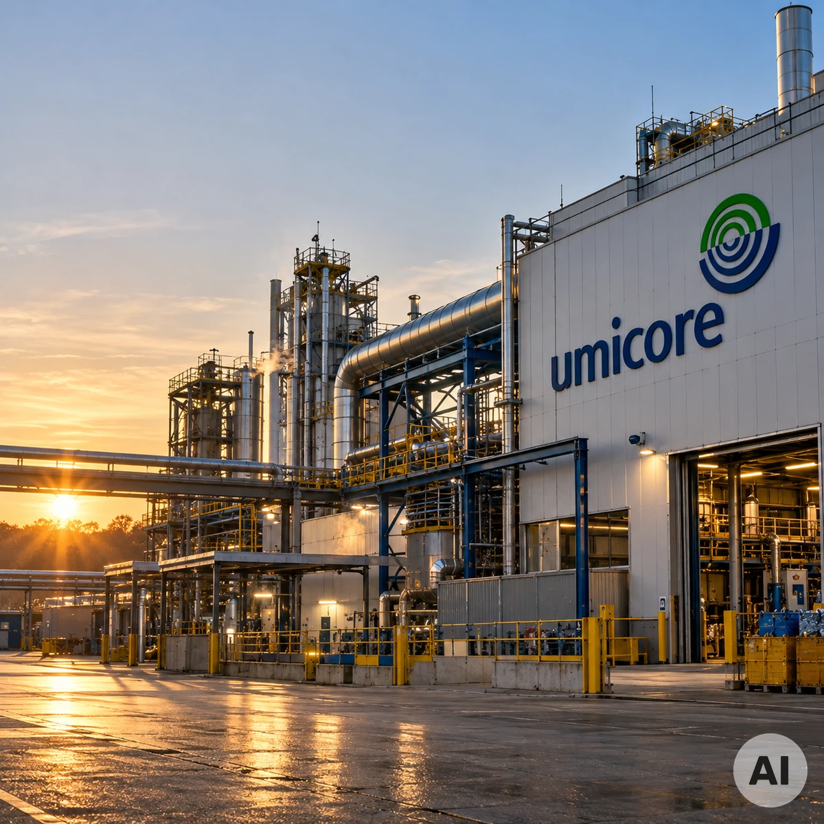Industrielle Edelmetall-Recyclinganlage mit Rohrleitungen und metallurgischen Produktionsanlagen bei Umicore