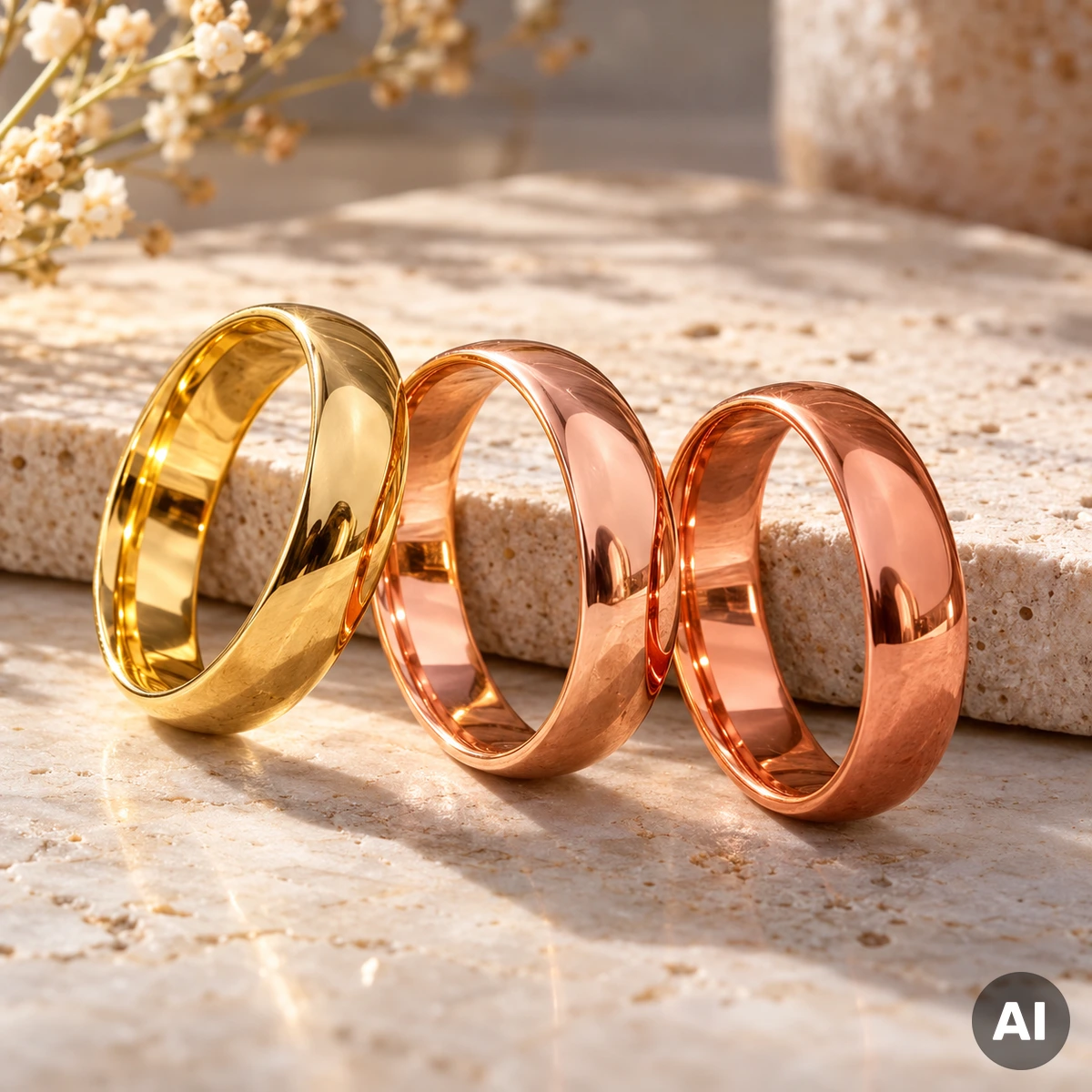 Drei schlichte Goldringe aus Gelbgold, Roségold und Rotgold mit deutlich unterschiedlichen Metallfarben nebeneinander
