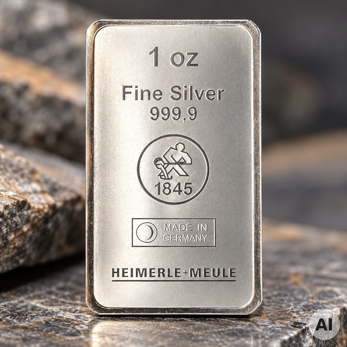 Geprägter 1 oz Silberbarren von Heimerle + Meule aus Pforzheim