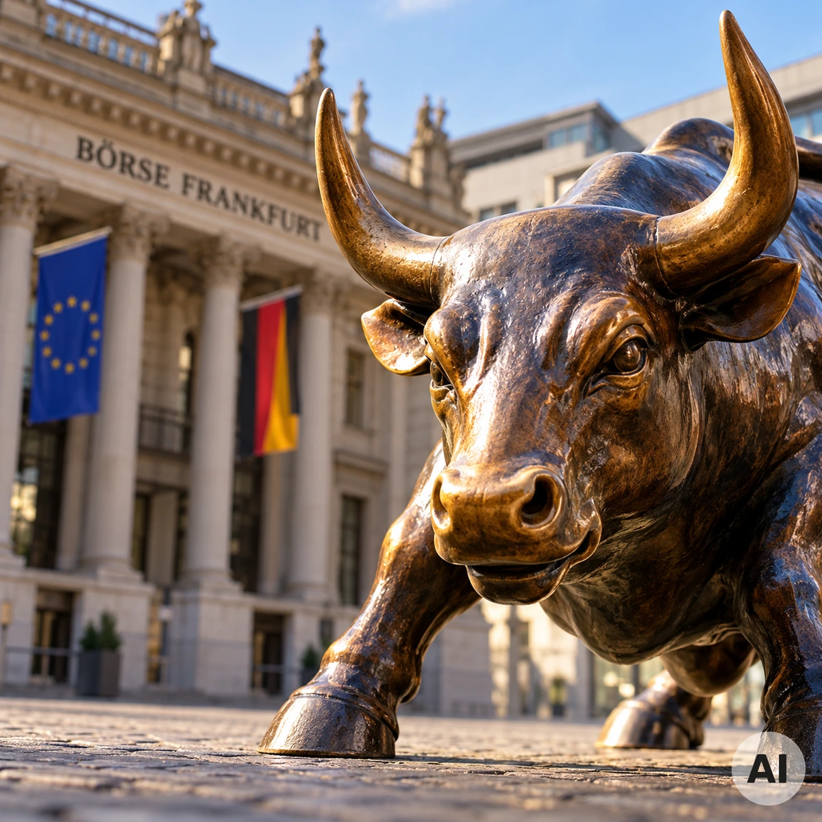 Frankfurter Börse als Symbol für den deutschen Aktienmarkt zwischen Technologiehoffnung und wirtschaftlichen Risiken