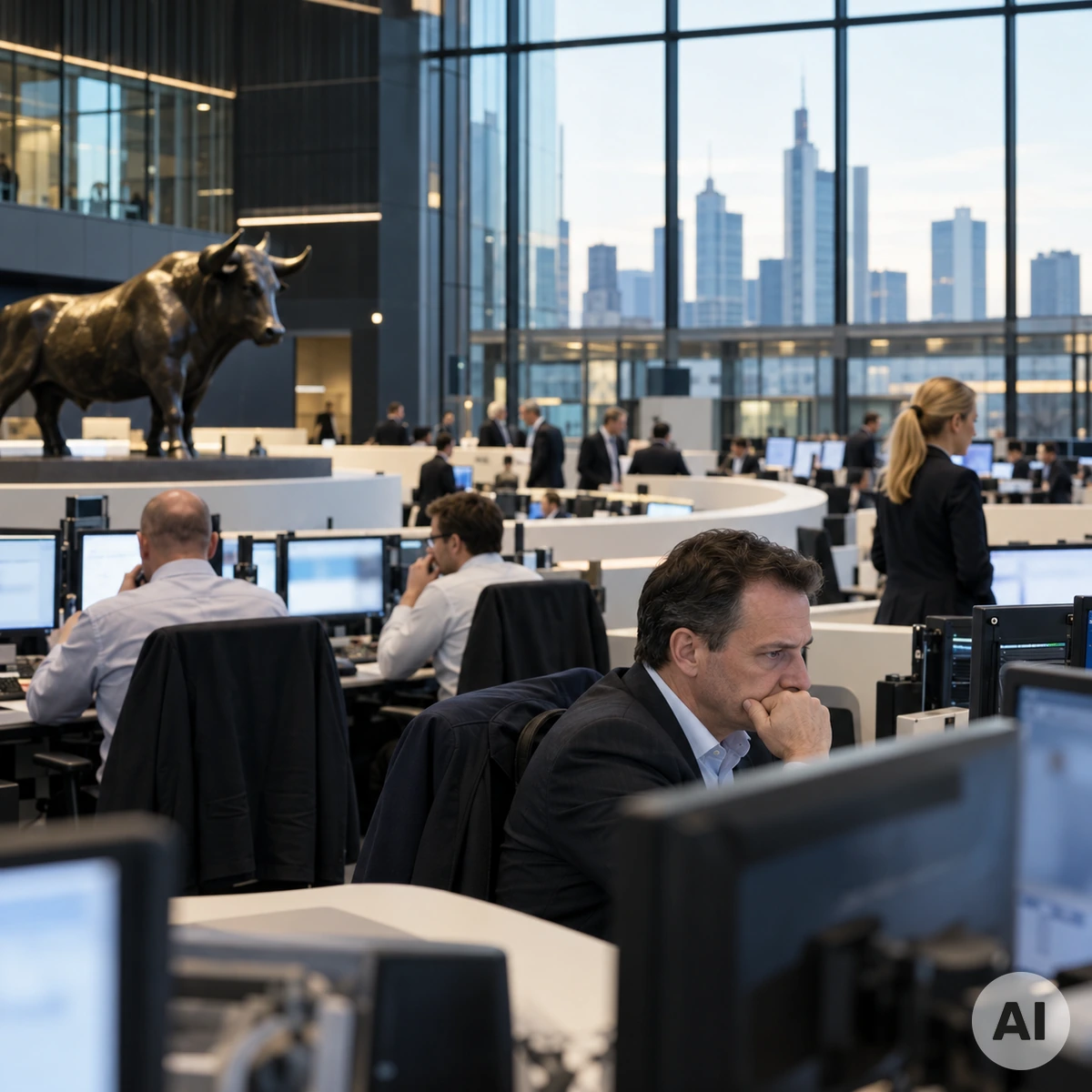 Blick auf den Handelsplatz der Frankfurter Wertpapierbörse mit Börsenhändlern und moderner Handelstechnik
