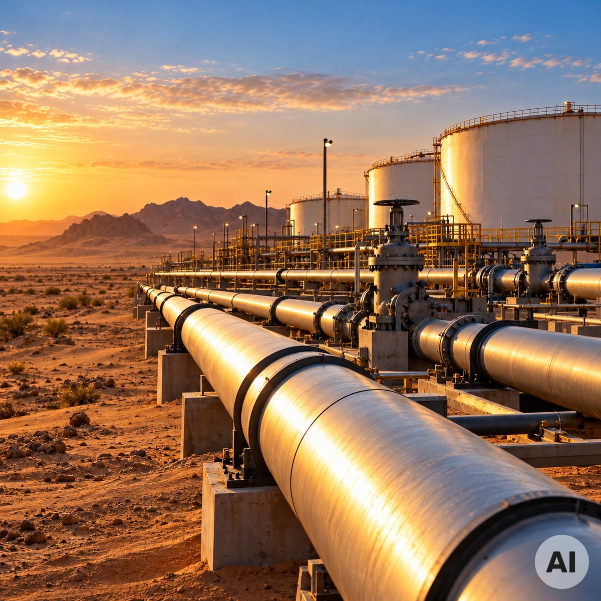 Saudi-arabische Rohölpipeline mit Pumpstation und Öltanks in einer Wüstenlandschaft