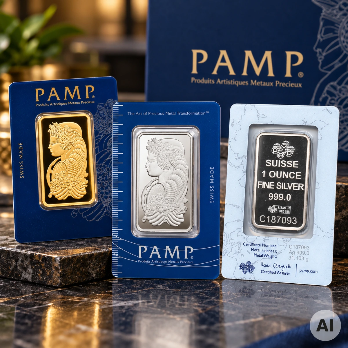 Goldbarren, Silberbarren, Platinbarren und Palladiumbarren als Übersicht der Edelmetallproduktion des Schweizer Herstellers PAMP