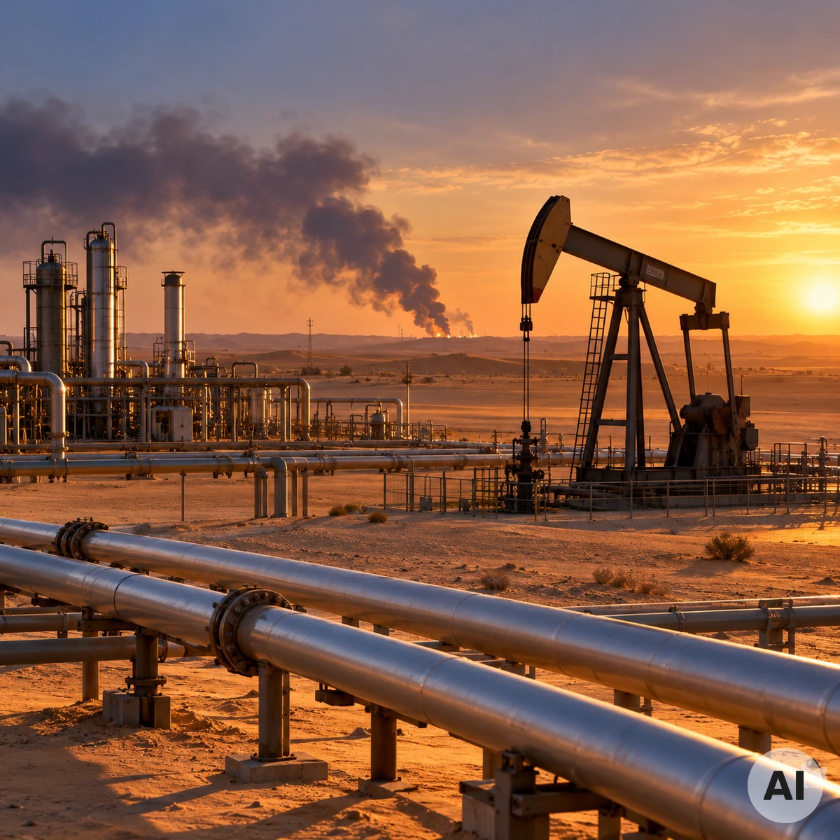 Saudi-arabisches Ölfeld mit Förderanlagen und Rohrleitungen in der Wüstenlandschaft
