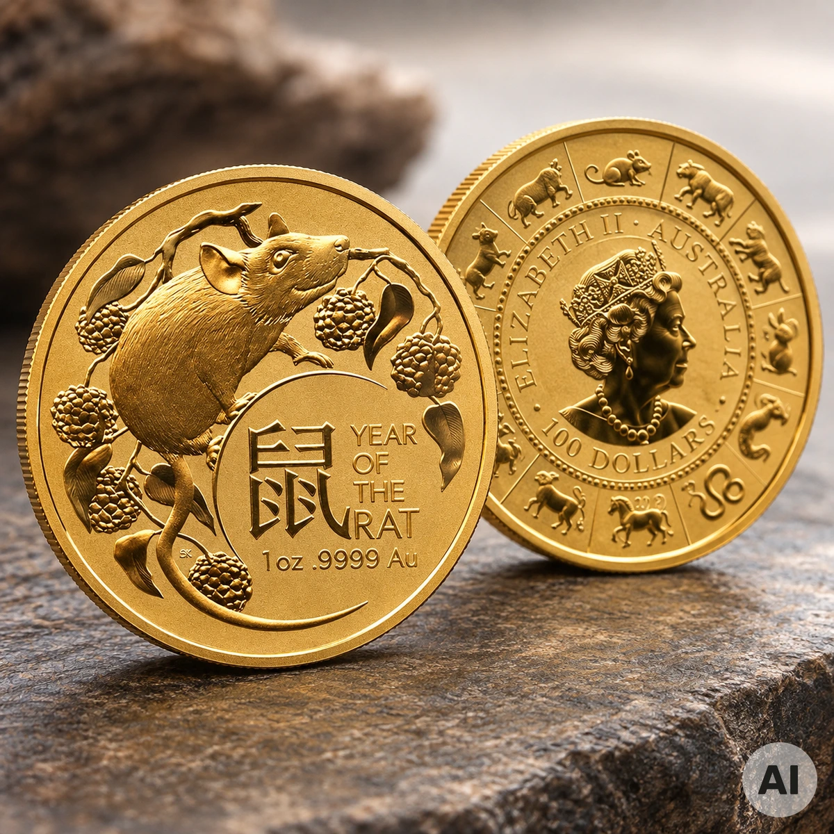 1 oz Gold Australien RAM Lunar Ratte 2020 mit Rattenmotiv und Lychee-Zweig
