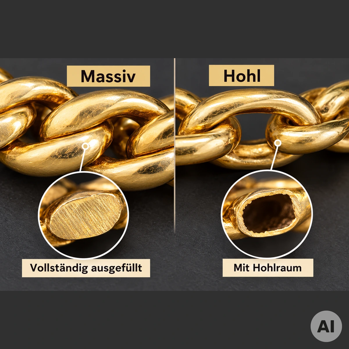 Goldschmuck mit Hohlräumen – massive und hohle Verarbeitung erkennen Goldschmuck mit Hohlräumen – massive und hohl gearbeitete Goldkettenglieder im direkten Vergleich