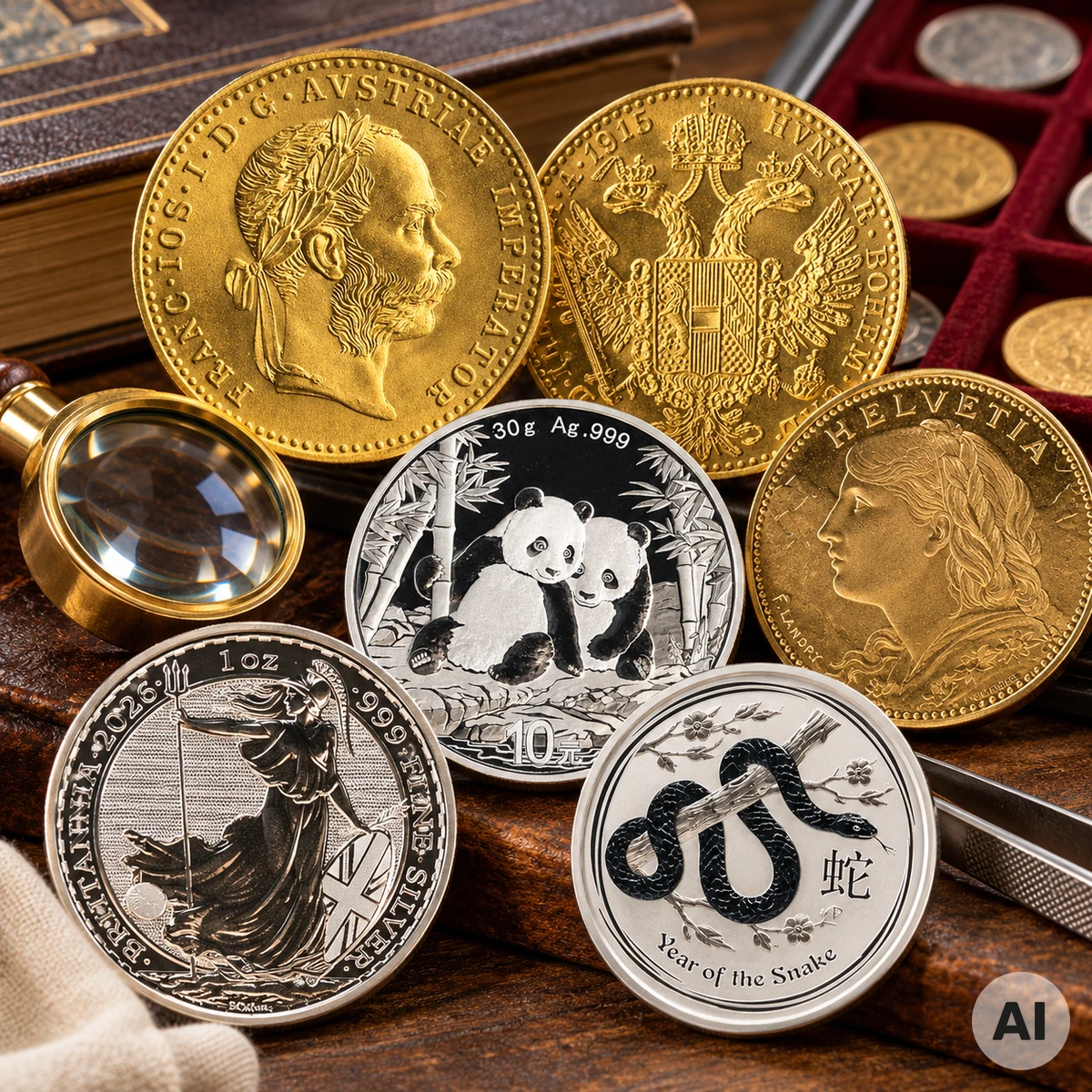 Historische Gold- und Silbermünzen mit Lupe zur Bestimmung von Münzwert, Prägejahr und Erhaltungszustand