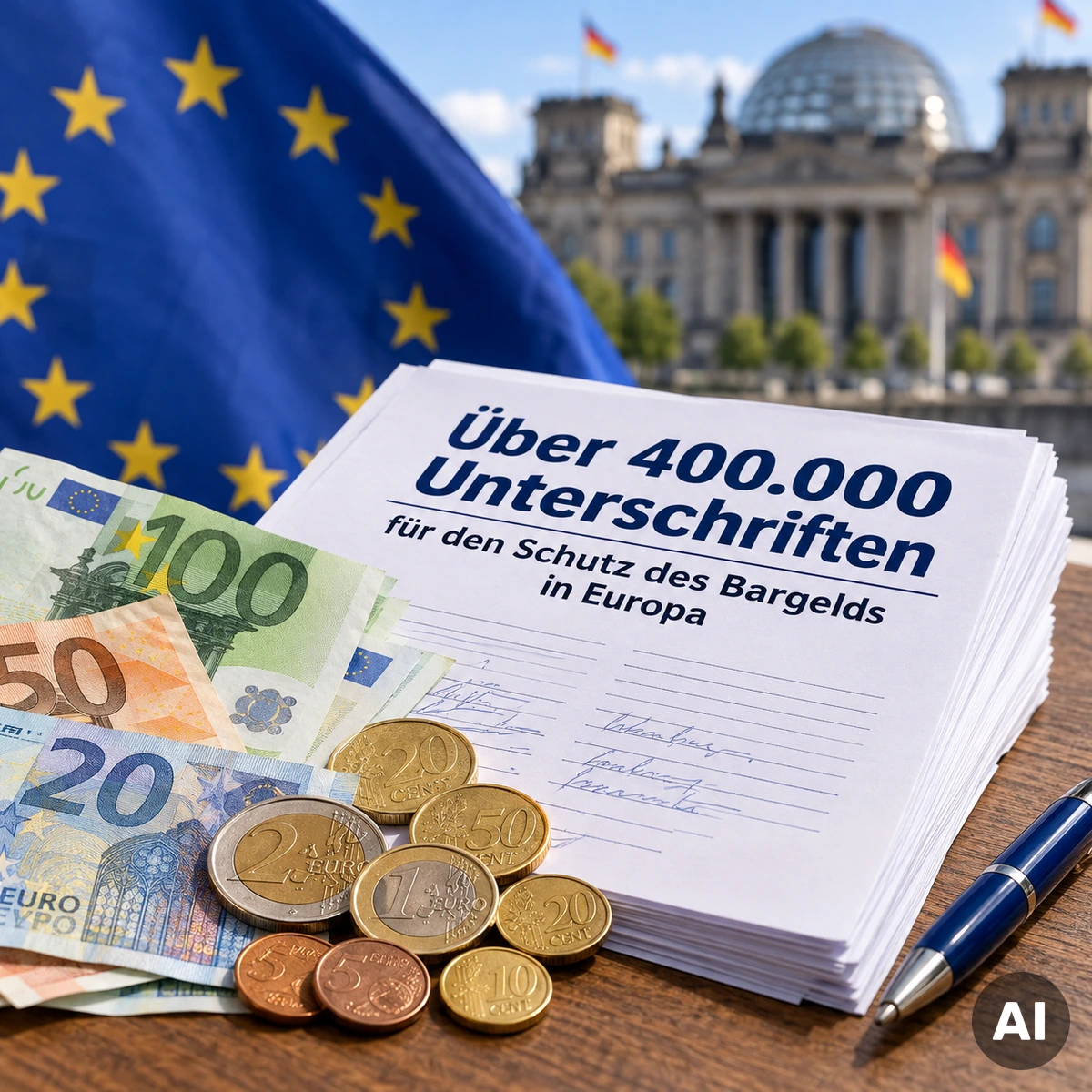 Euro-Banknoten und Euro-Münzen als Symbol für die Petition mit über 400.000 Unterschriften zum Schutz des Bargelds in Europa