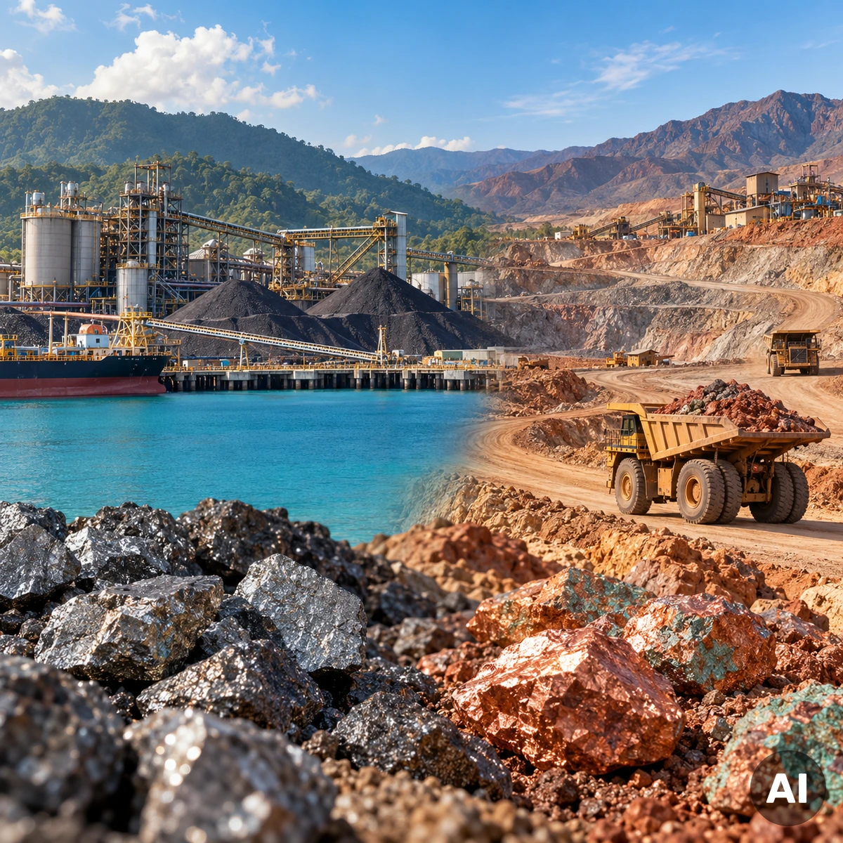 Nickel- und Kupferproduktion zwischen Indonesien und den USA mit industriellen Rohstoffen und Bergbauanlagen