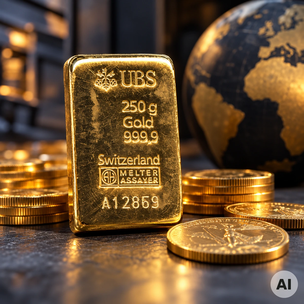 Goldbarren und Goldmünzen neben fallenden Aktienmärkten als Symbol für den gleichzeitigen Verkaufsdruck auf Gold und Aktien