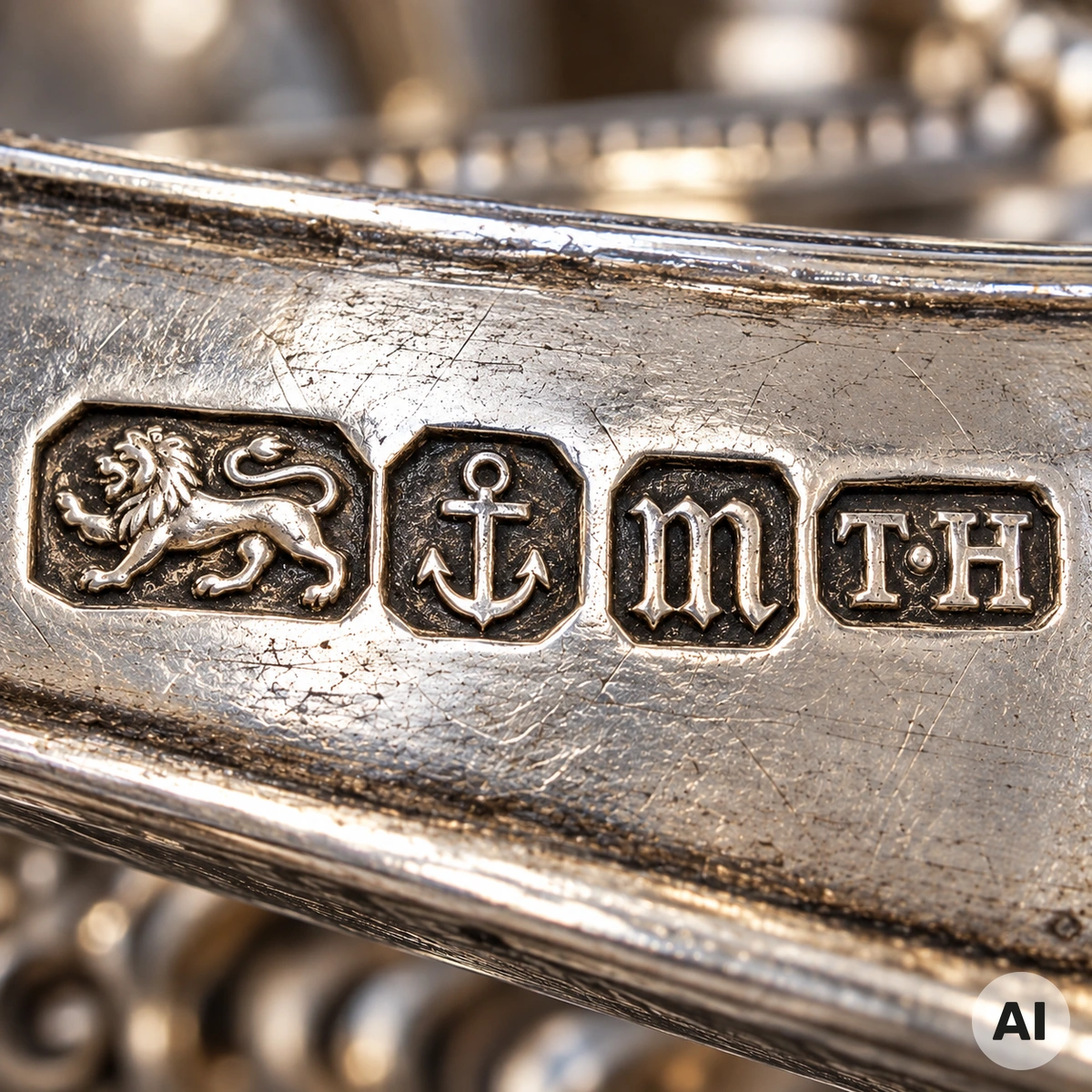 Englische Silberpunzen mit Löwe, Anker und Jahresbuchstaben Historisches englisches Sterling-Silber mit Löwenpunze, Anker und Jahresbuchstaben