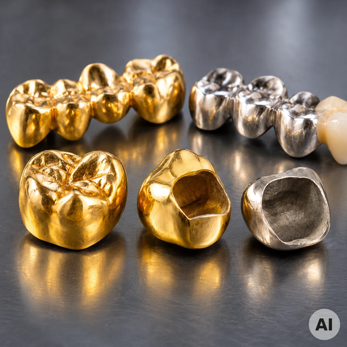 Goldzähne und Zahnkronen aus unterschiedlichen Dentallegierungen mit gelblichen und silberfarbenen Metalloberflächen