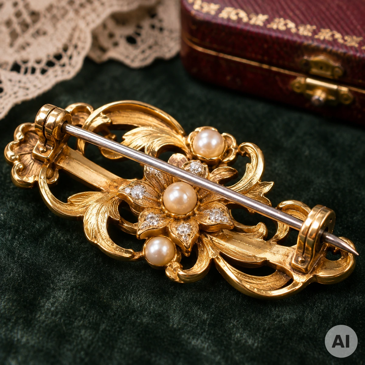 Historische Goldbrosche mit geöffneter rückseitiger Nadel und sichtbarer Verschlussmechanik