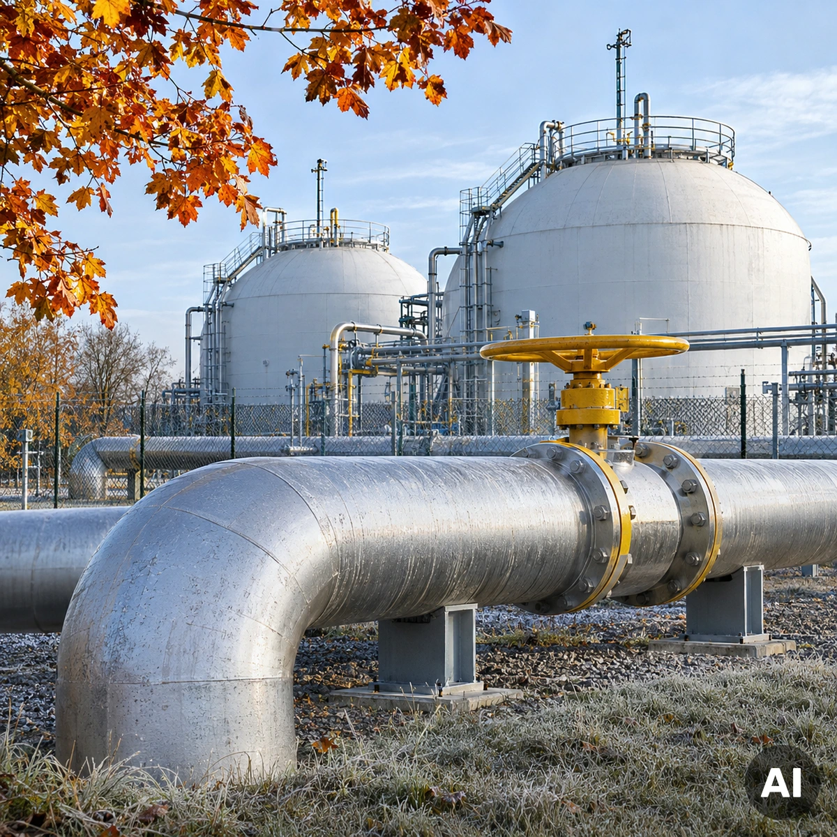 Erdgasspeicheranlage mit großen industriellen Gasleitungen und technischen Speicherinstallationen im herbstlichen Deutschland