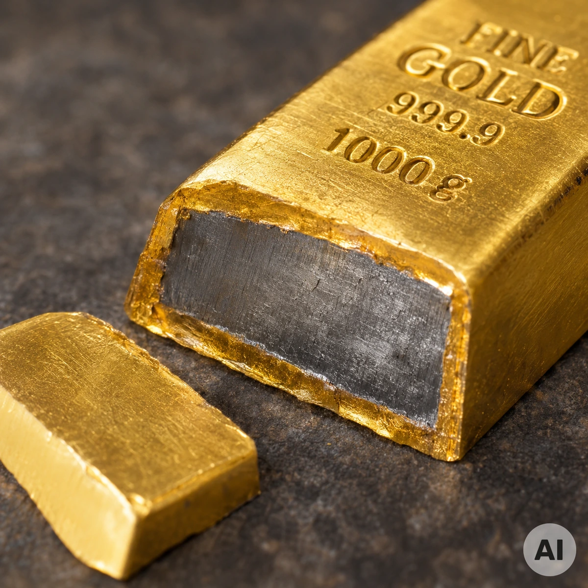 Aufgeschnittener Goldbarren mit sichtbar freigelegtem silbergrauem Wolframkern auf neutraler Arbeitsfläche