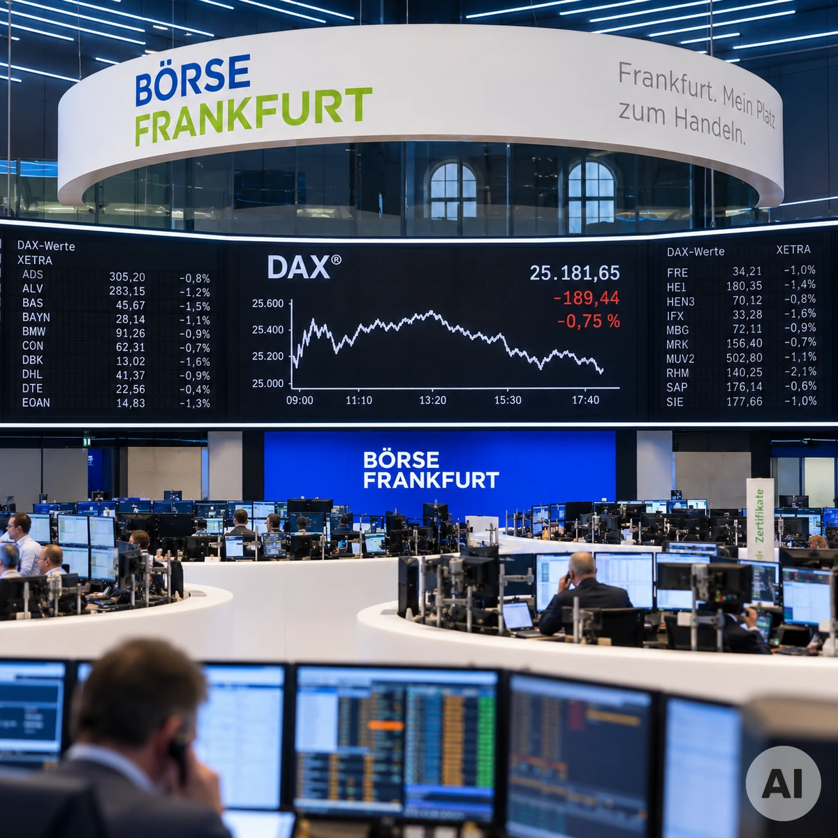 Blick auf das Börsenparkett mit Händlern und Handelsplätzen als Symbol für die angespannten internationalen Aktienmärkte